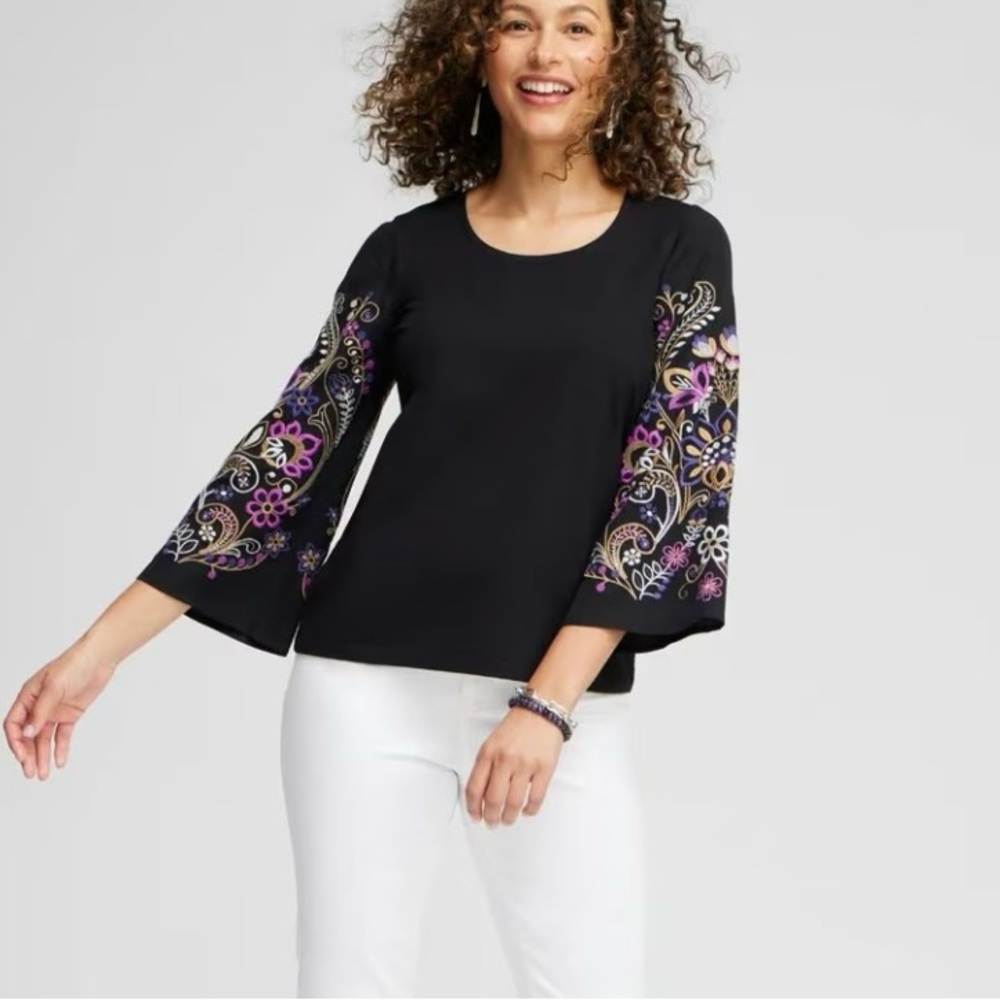 Chico's Black Embroidered Long Sleeve Top Knit, Size 3, XLarge, 
Boho Feminine